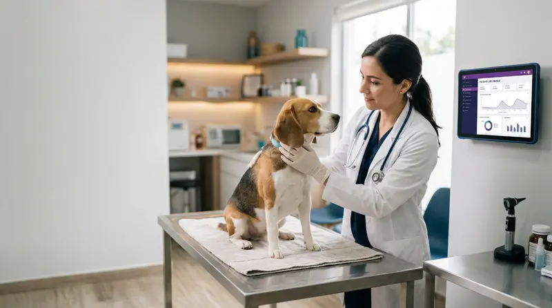 Veterinaria examinando un perro en una clínica moderna con tecnología integrada